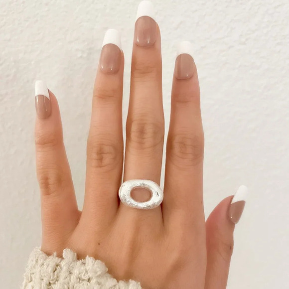 925 Sterling Silver Oval Ring Texture Ring Matte Ring Modern Geometric Ring - Picture 3 of 9